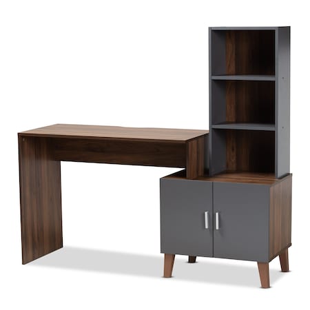 Baxton Studio Jaeger Modern Two-Tone Walnut Brown and Dark Grey Finished Wood Storage Desk with Shelves 182-11696-Zoro